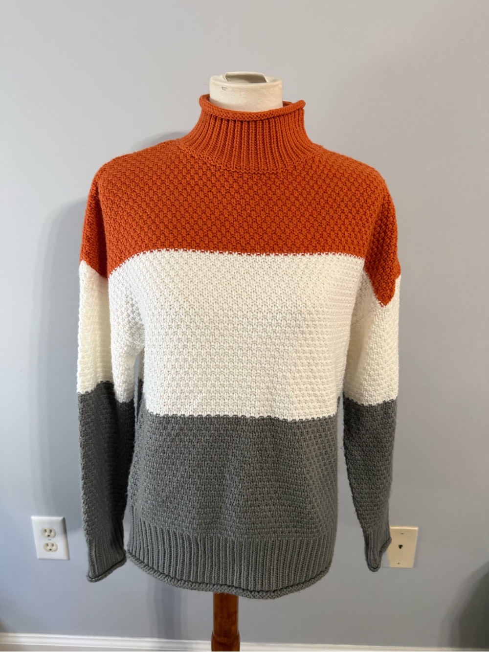 Men's Colorblock Turtleneck Sweater in Orange, White & Gray